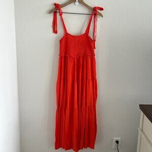 Zara Bloggers Favorite Smocked Tiered Poplin Maxi Dress Summer Red Orange Small